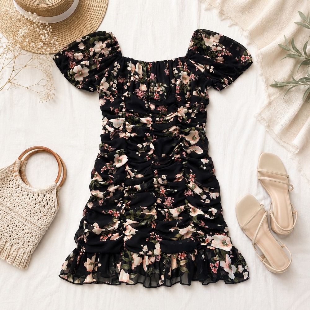 Blāshe Floral Ruched Mini Dress Womens Large Black Puff Sleeve Ruffle Romantic